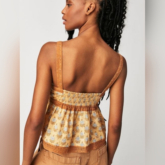 Free People Blossom Squareneck Babydoll Tank Cotton Block Print Lace Trim NWOT - Picture 5 of 11
